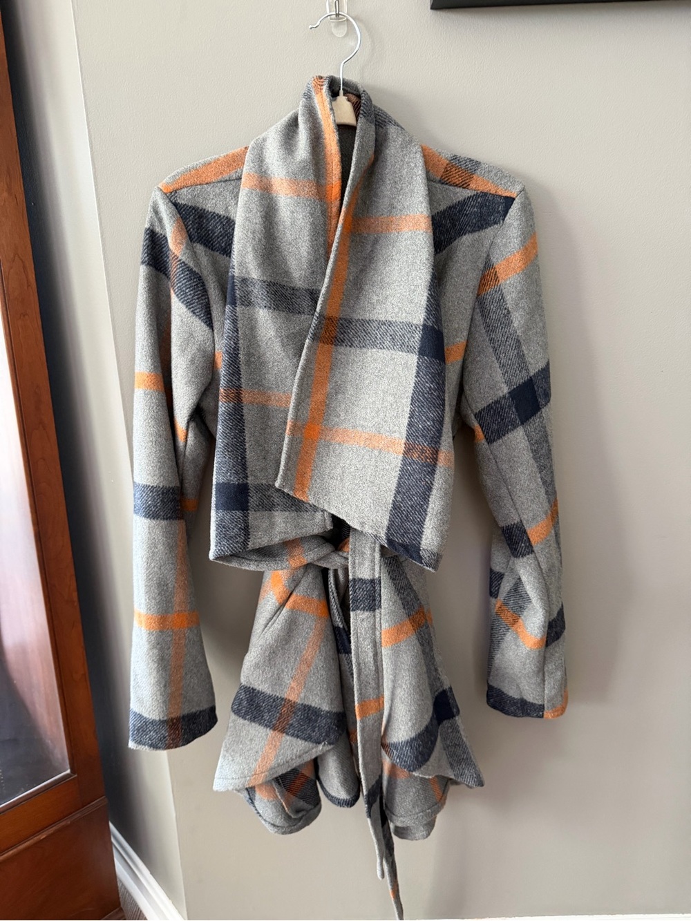 FAVLUX Gray Plaid Wrap Cape with Orange and Navy Stripes. Large